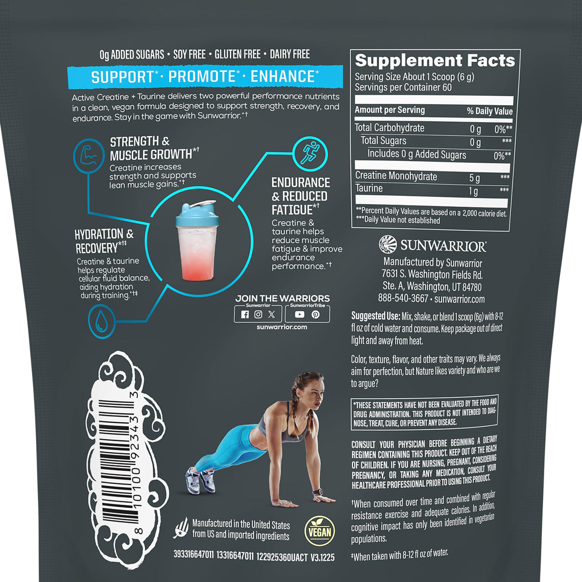 Sunwarrior Taurine et Créatine Monohydrate 60 Portions, vue arrière avec informations nutritionnelles