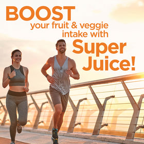 Super Juice comprimés avec fruits et légumes en arrière-plan