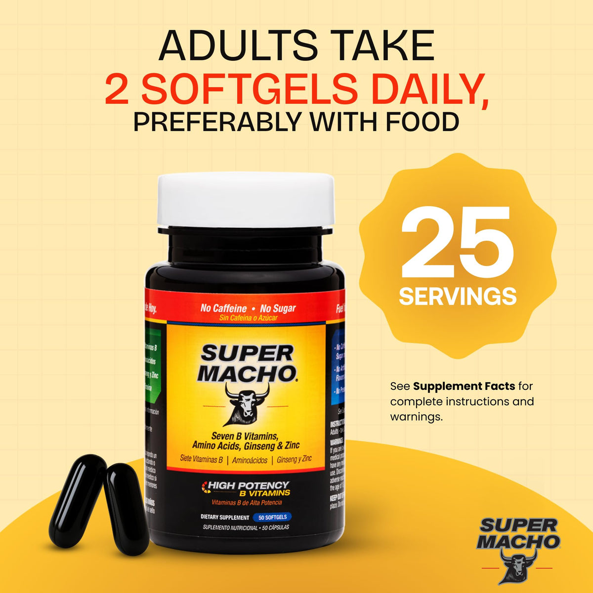 Super Macho 50 capsules avec étiquette indiquant les ingrédients