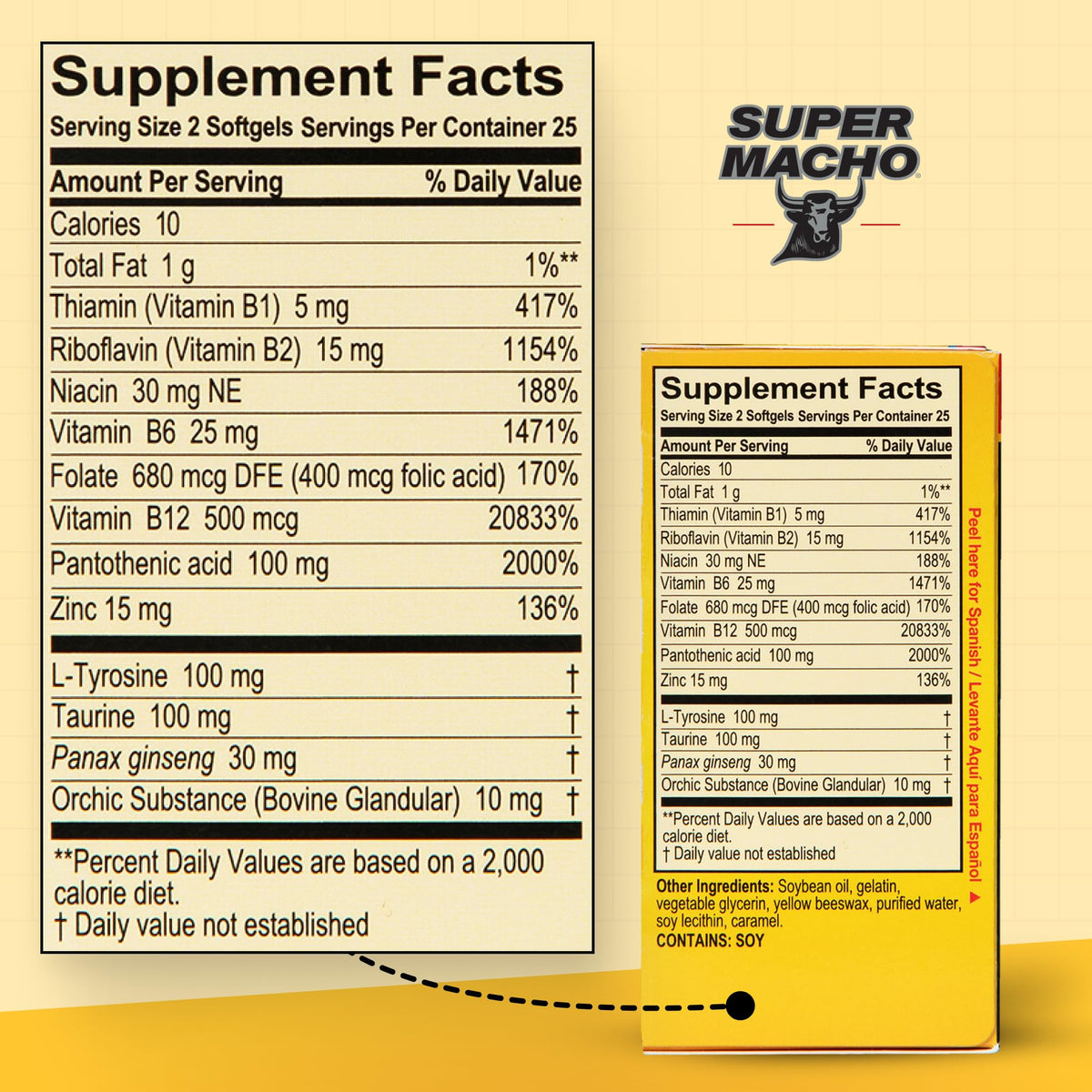 Super Macho 50 capsules avec ginseng et vitamines en arrière-plan