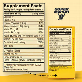 Super Macho 50 capsules avec ginseng et vitamines en arrière-plan