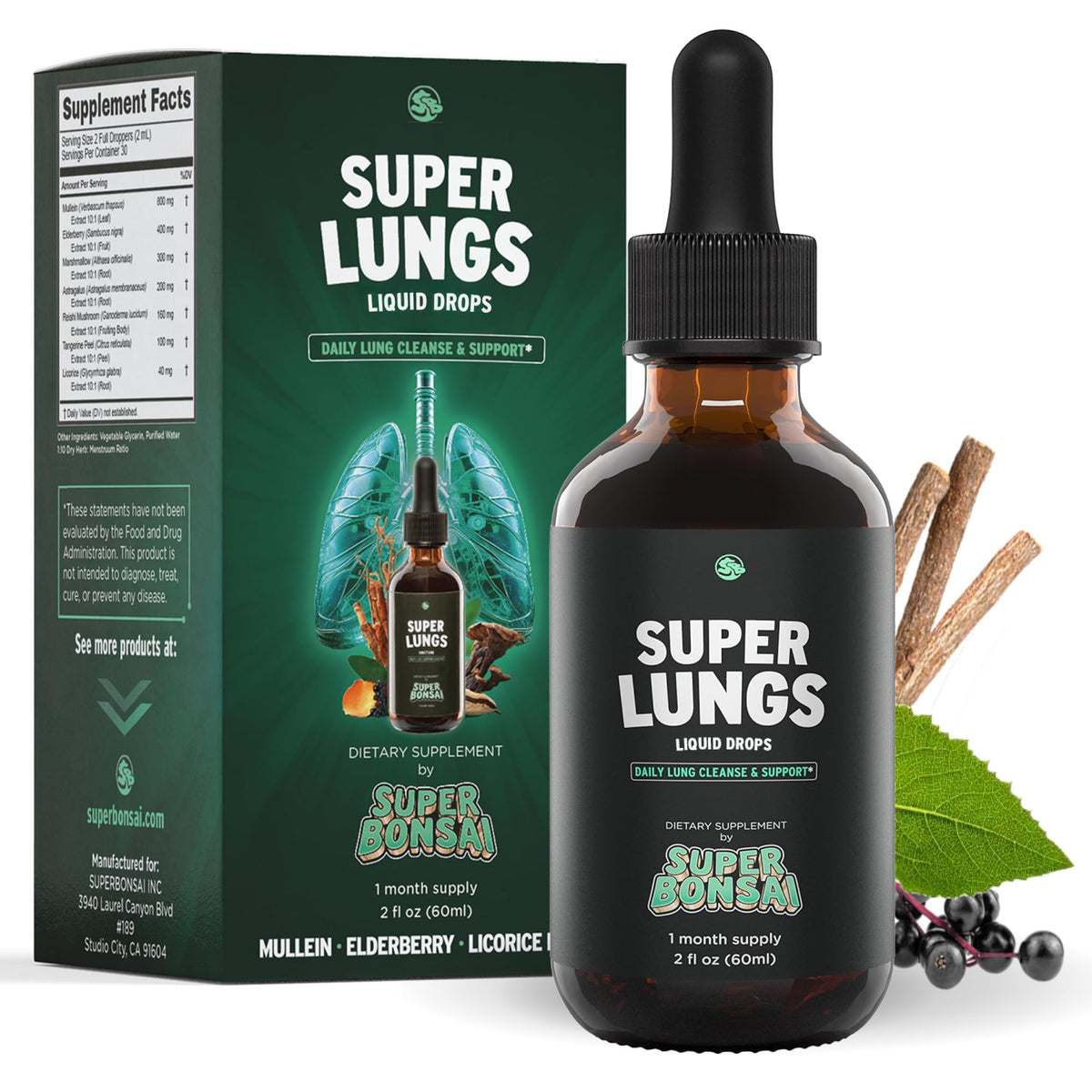 SuperBonsai Super Lungs gouttes Mullein 60 ml vue avant avec étiquette