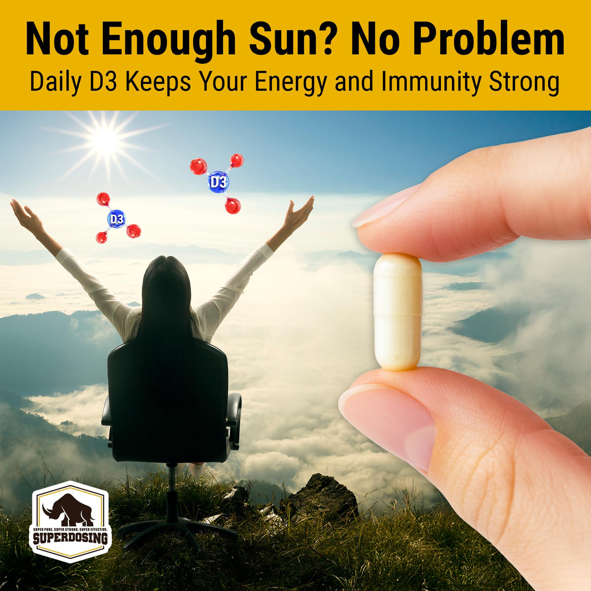 SuperDosing.com D3K2 10000 IU et 1500 mcg sur fond blanc