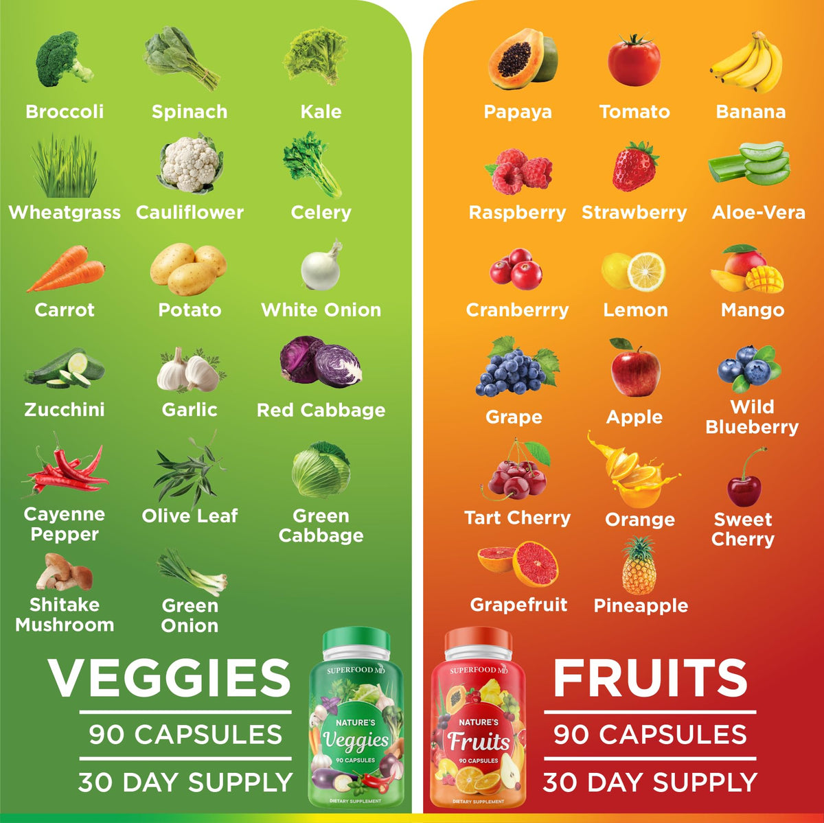 Superfood MD Complément Alimentaire Fruits & Légumes 90 Comprimés avec gélules visibles