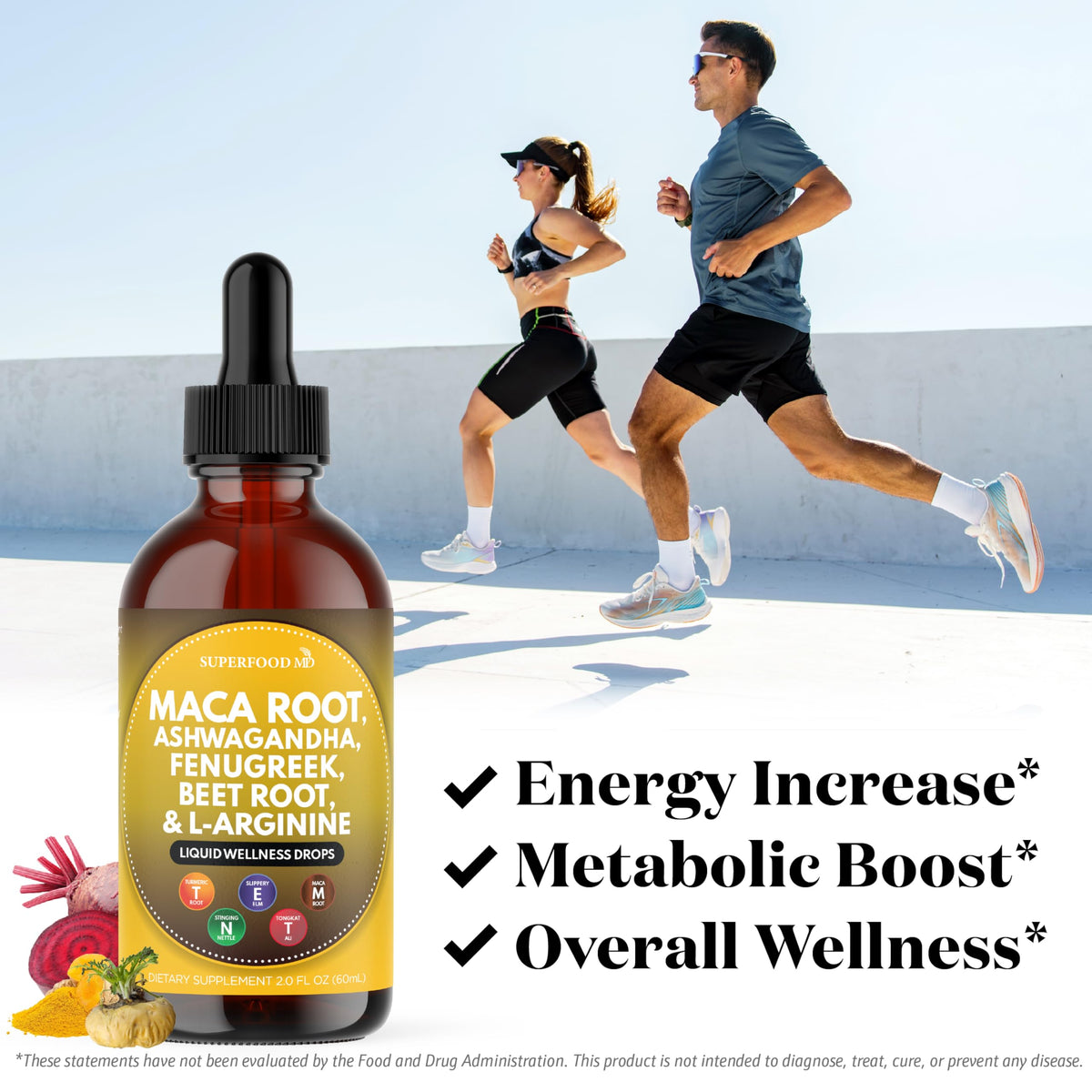 Superfood MD Gouttes de Maca sur une table avec des ingrédients naturels en arrière-plan