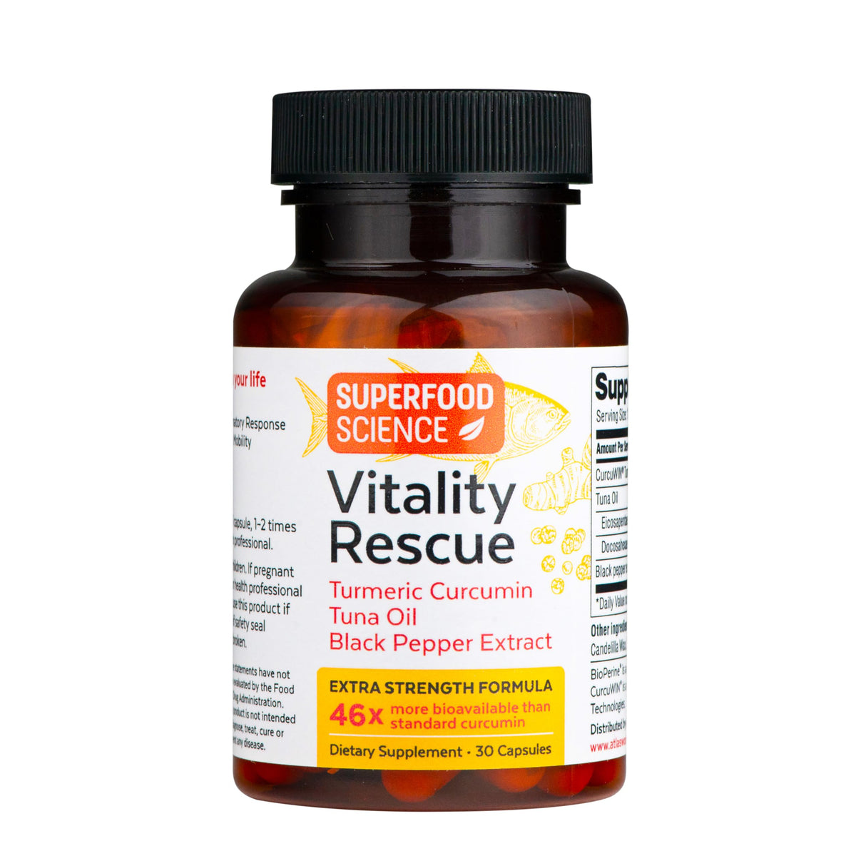 Superfood Science Vitality Rescue Omega 3 Curcuma - capsules sur fond blanc