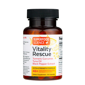 Superfood Science Vitality Rescue Omega 3 Curcuma - capsules sur fond blanc