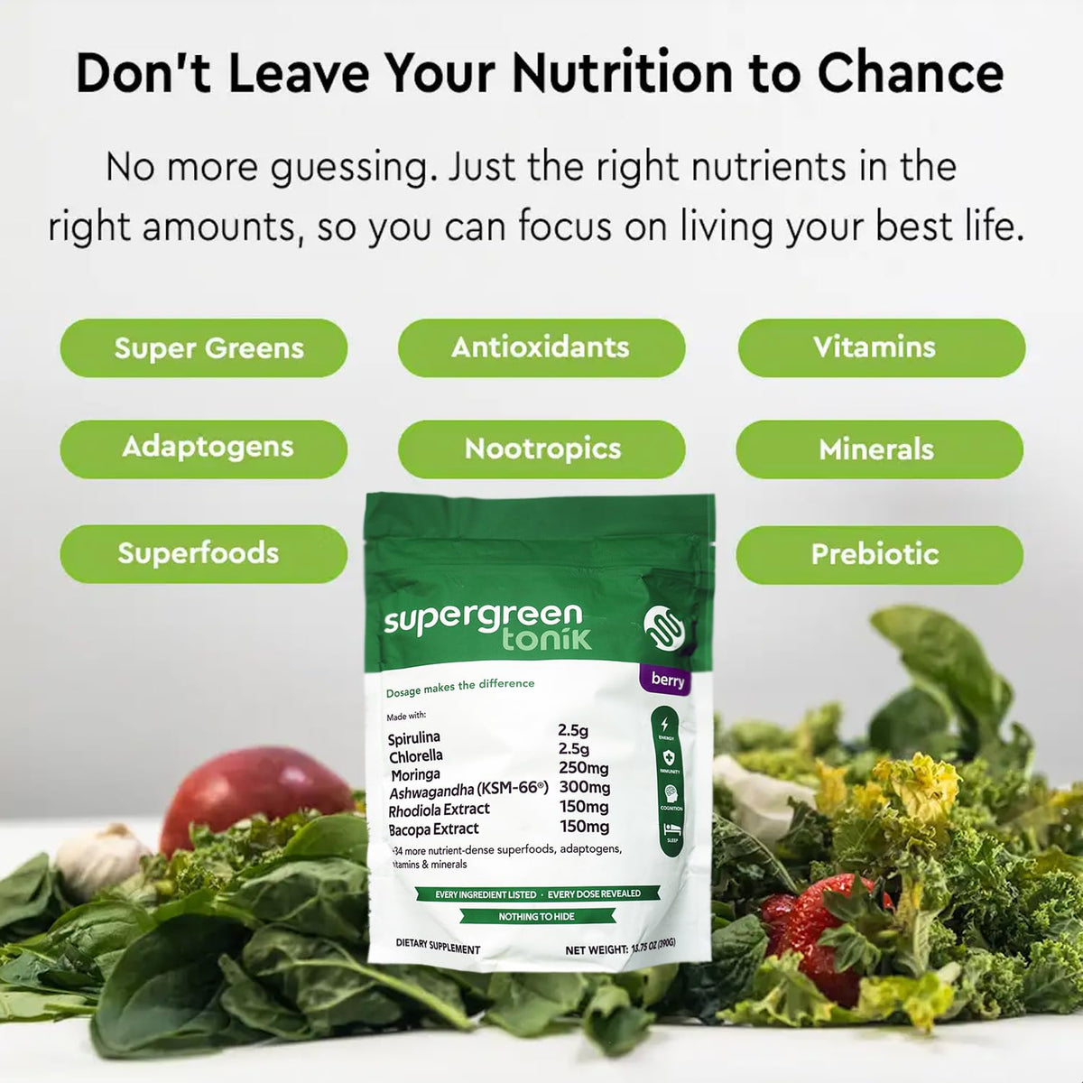 SUPERGREEN TONIK Poudre de Superfoods 360g - cuillère de poudre