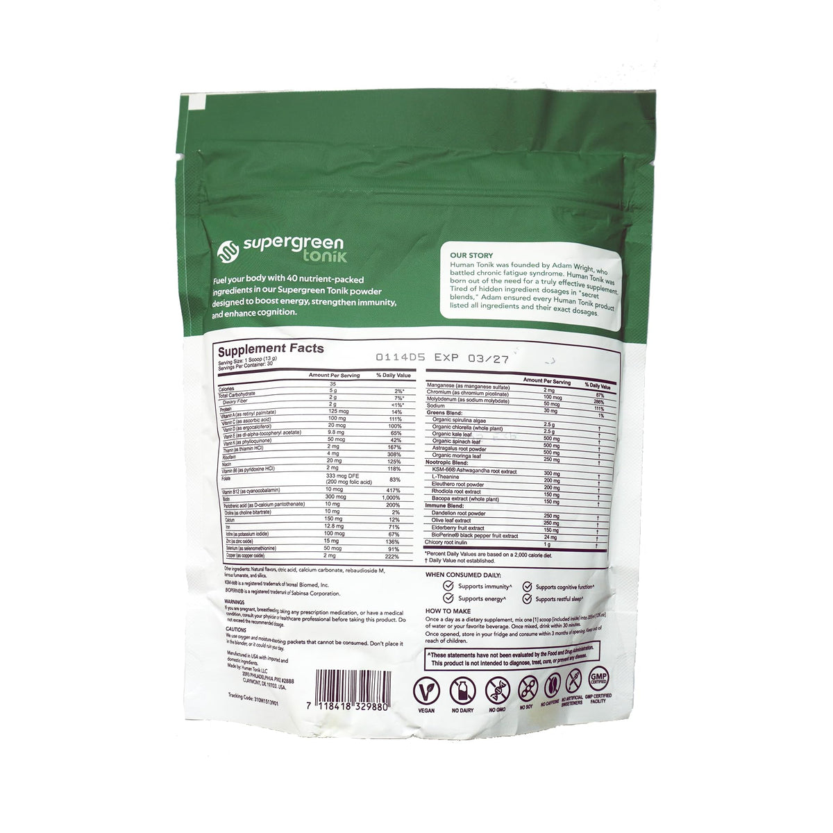 SUPERGREEN TONIK Poudre de Superfoods 360g - ingrédients sur l'emballage