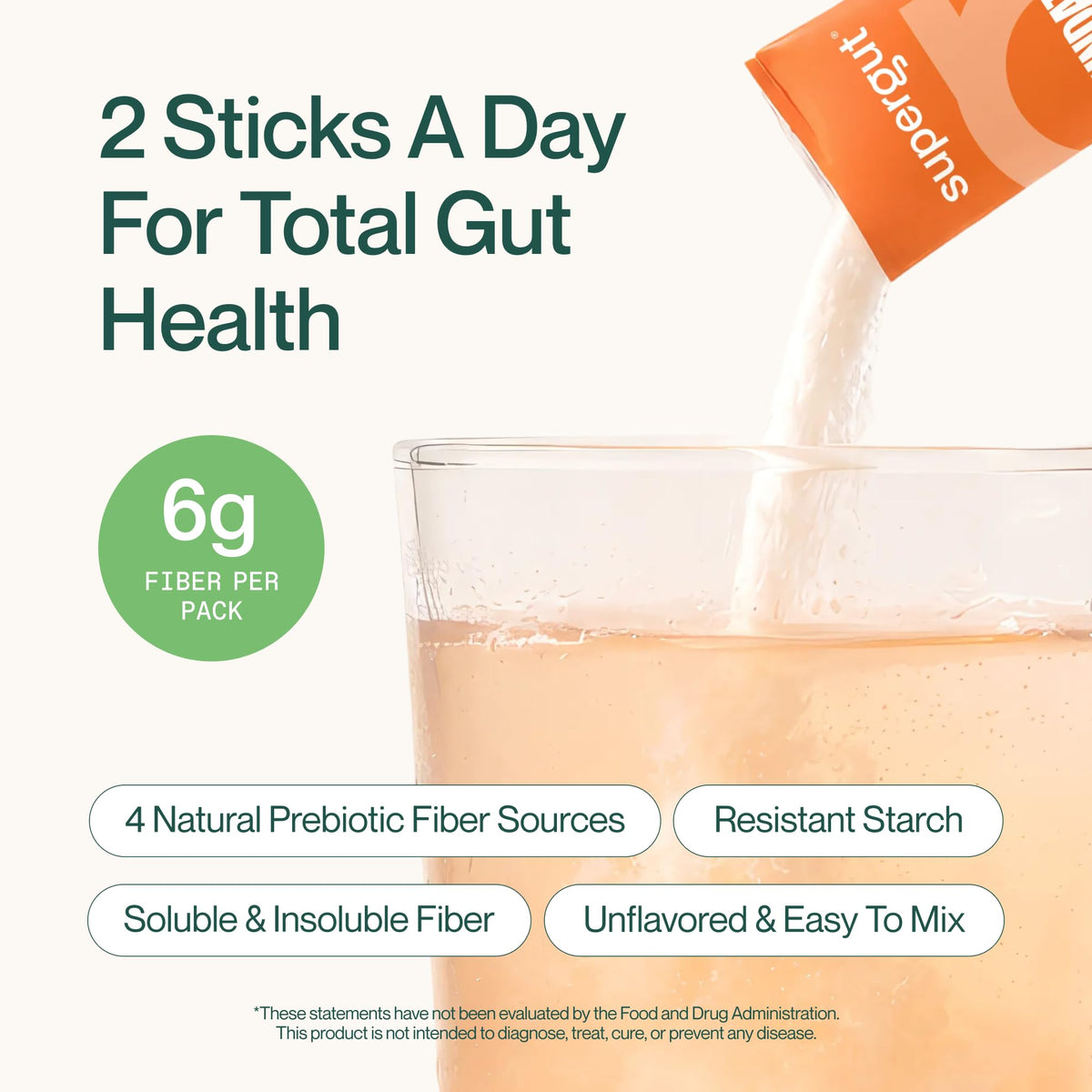 Supergut Foundational Daily Fiber, stick pack dans un verre d'eau