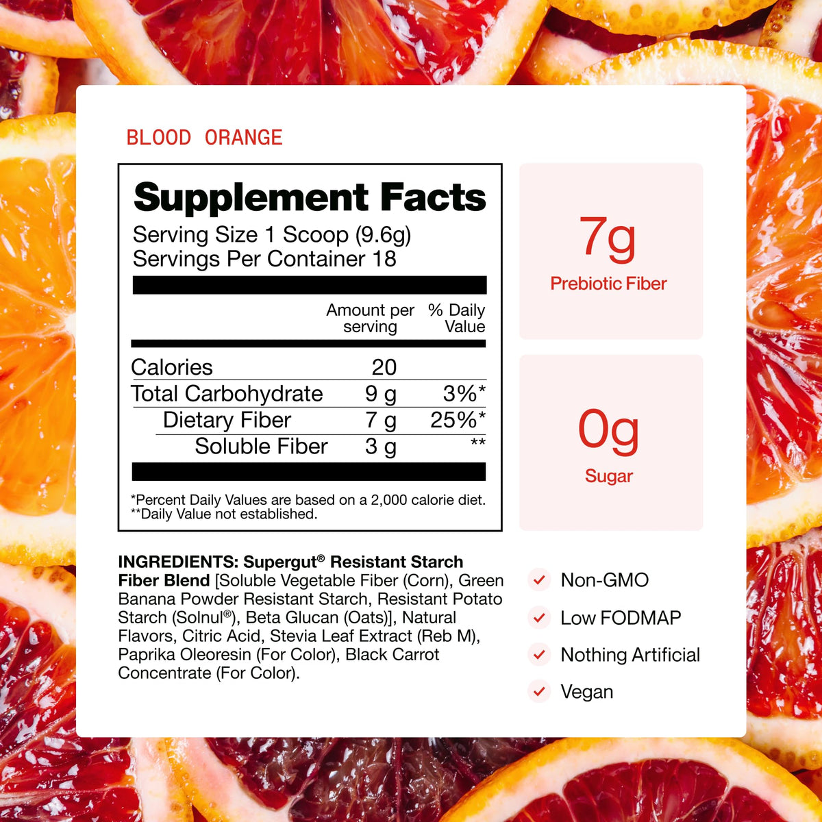 Supergut GLP1 Daily Support poudre d'orange sanguine 240g sur un plan de travail