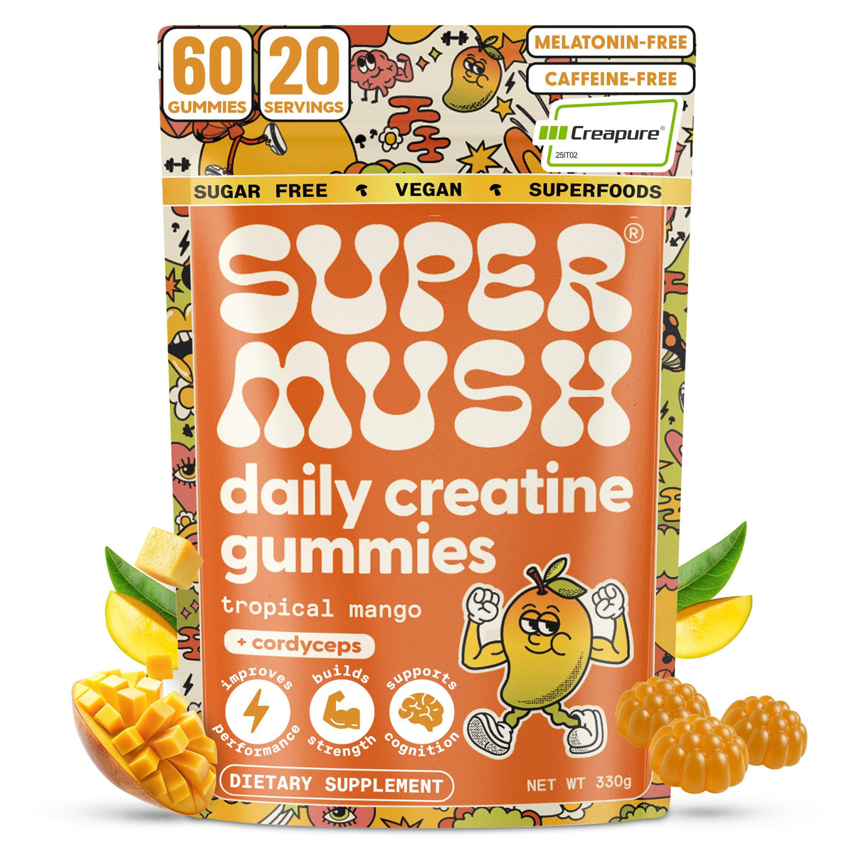 SuperMush Gummies Créatine Quotidienne 60 Gummies Saveur Mangue - vue de face
