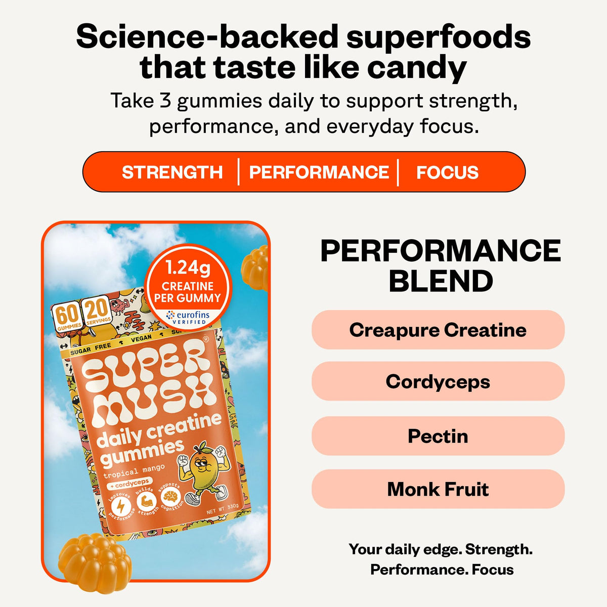 SuperMush Gummies Créatine Quotidienne - gummies sur une table