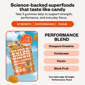SuperMush Gummies Créatine Quotidienne - gummies sur une table