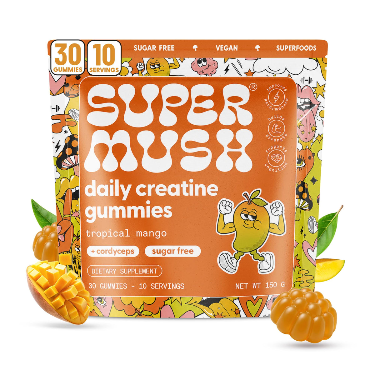 SuperMush Gummies Créatine Quotidiennes 30 Gummies Saveur Mangue vue de face