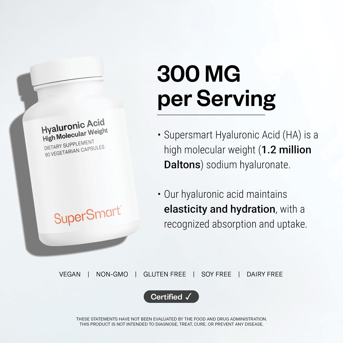 Supersmart Acide Hyaluronique 300mg gélules végétariennes en gros plan