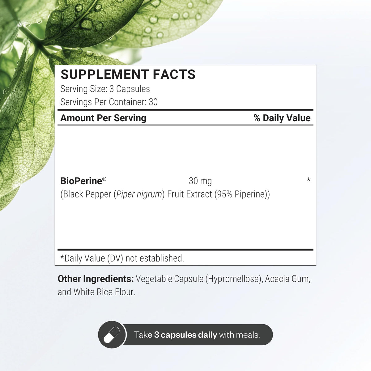 Supersmart Bioperine 30mg capsules végétariennes avec étiquette détaillée