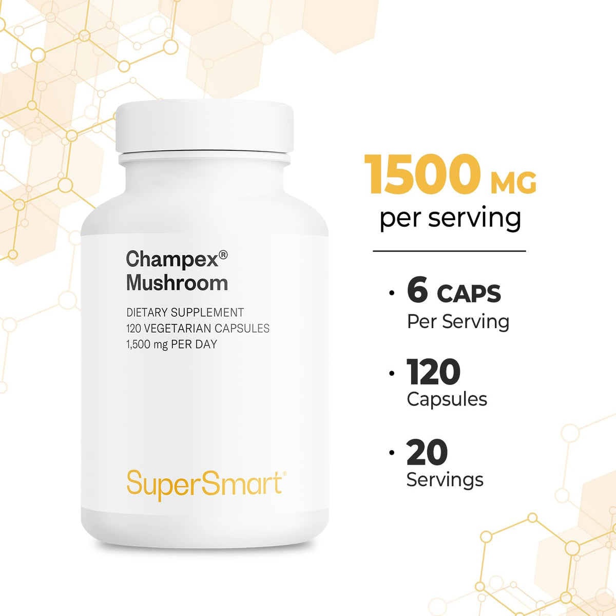 Supersmart Champex Champignon 1500 mg capsules à côté d'un verre d'eau