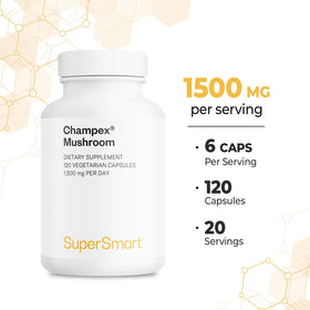 Supersmart Champex Champignon 1500 mg capsules à côté d'un verre d'eau