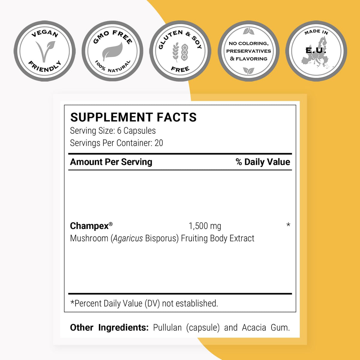 Supersmart Champex Champignon 1500 mg étiquette avec ingrédients