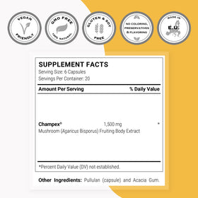 Supersmart Champex Champignon 1500 mg étiquette avec ingrédients