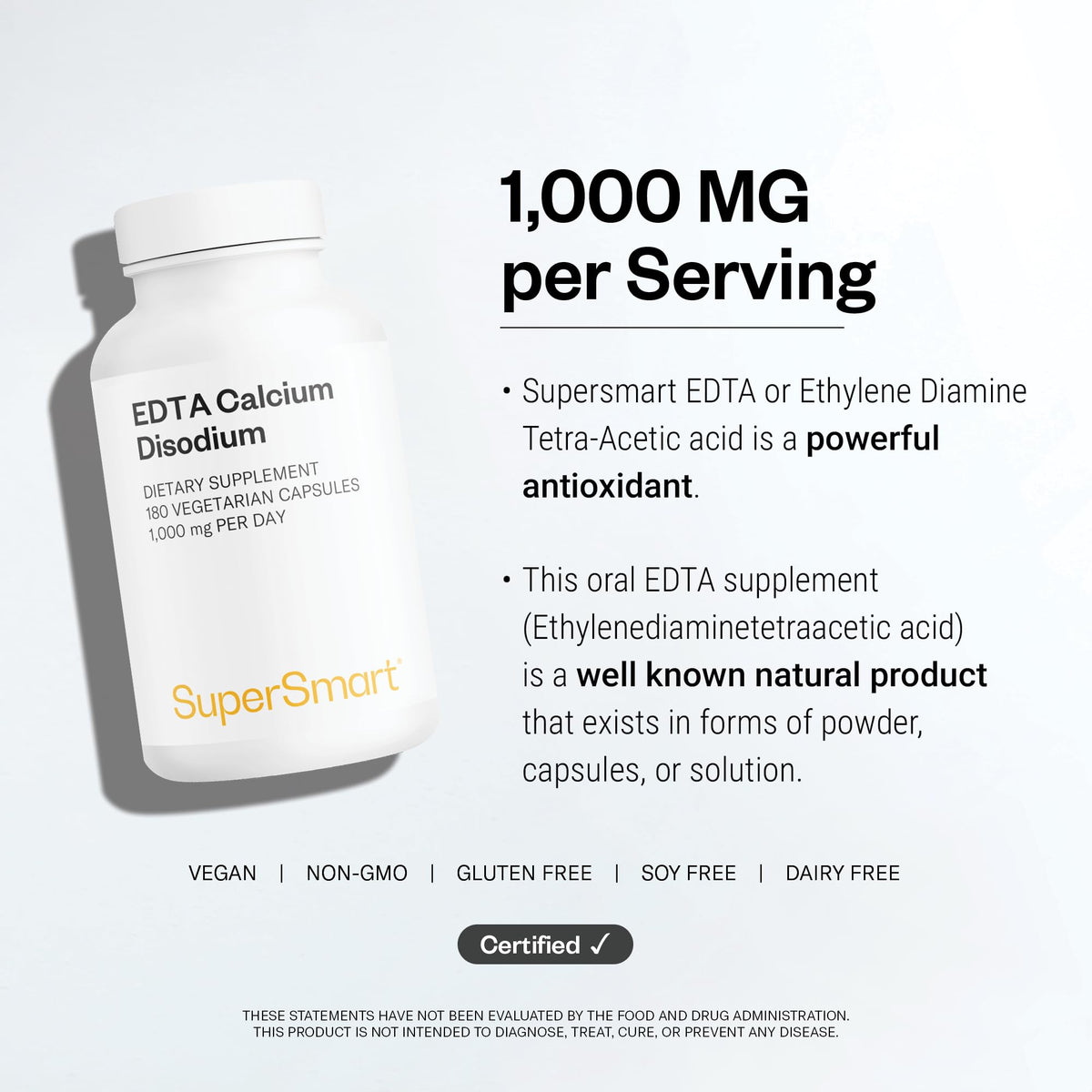 Supersmart EDTA 1000mg, flacon avec étiquette détaillant les ingrédients