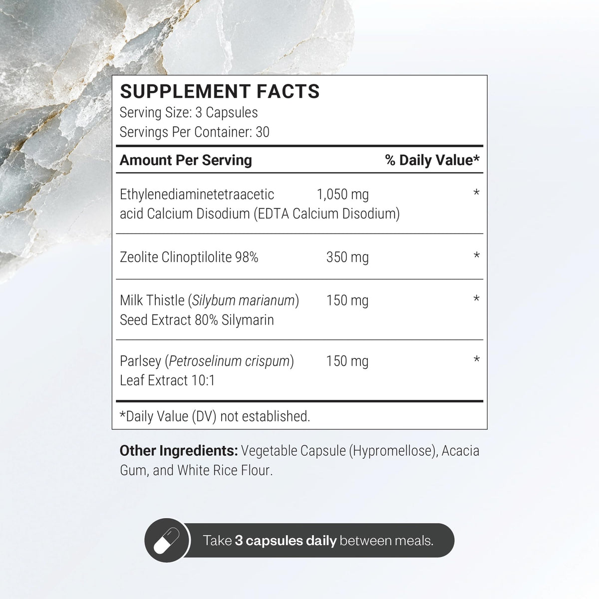 Supersmart EDTA Zeolite 98% capsules végétariennes sur fond blanc