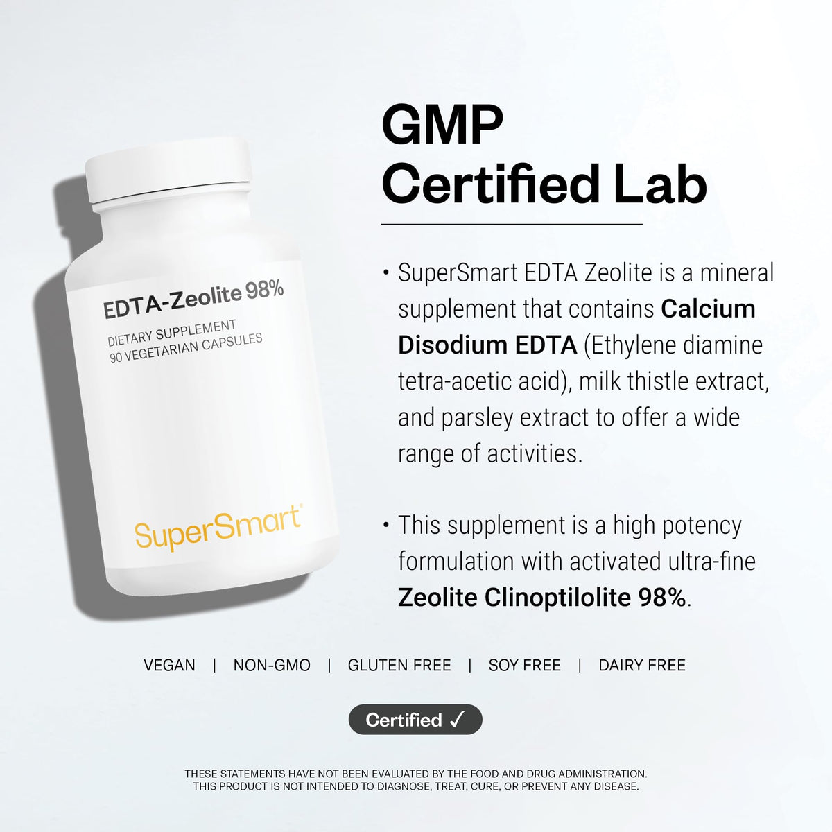 Supersmart EDTA Zeolite 98% complément alimentaire dans une main
