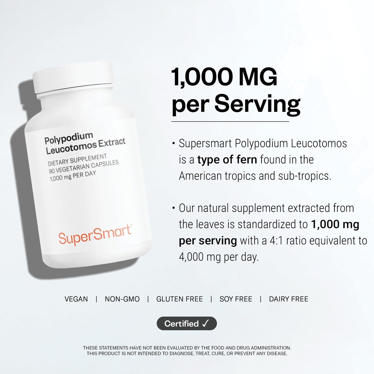 Supersmart extrait de Polypodium leucotomos 1000mg capsules végétariennes avec verre d'eau