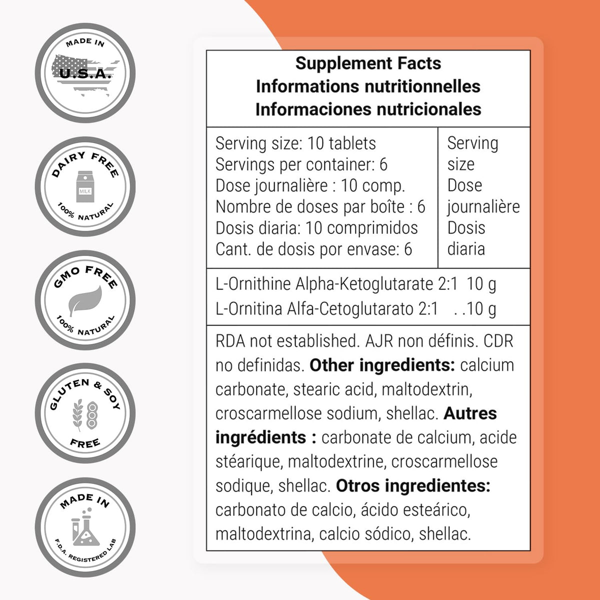 Supersmart L-Ornithine Alpha-Céto-Glutarate comprimé sur fond blanc