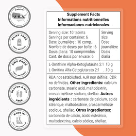 Supersmart L-Ornithine Alpha-Céto-Glutarate comprimé sur fond blanc