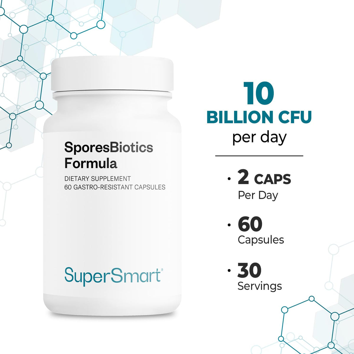 Supersmart SporesBiotics Formule 3-en-1 capsules sur fond blanc