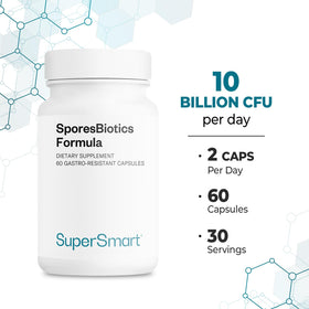 Supersmart SporesBiotics Formule 3-en-1 capsules sur fond blanc