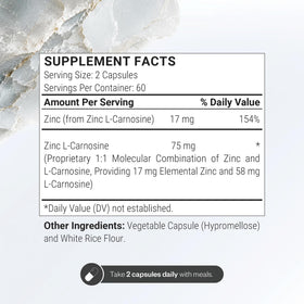 Supersmart Zinc L-Carnosine 75mg étiquette avec ingrédients