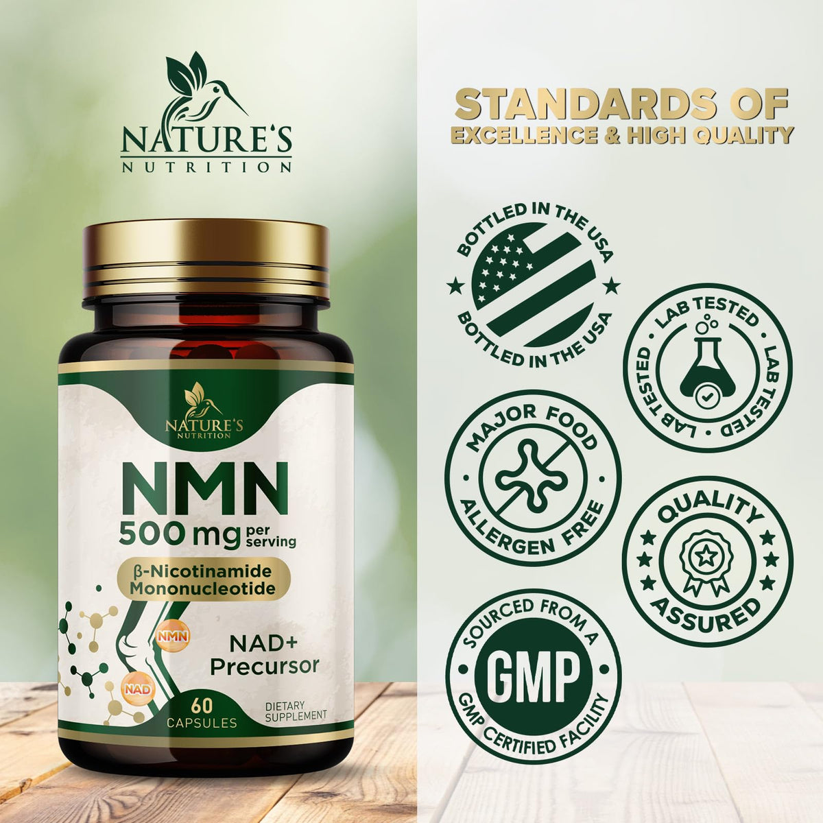 Suppément NMN Nature's Nutrition sur une table en bois