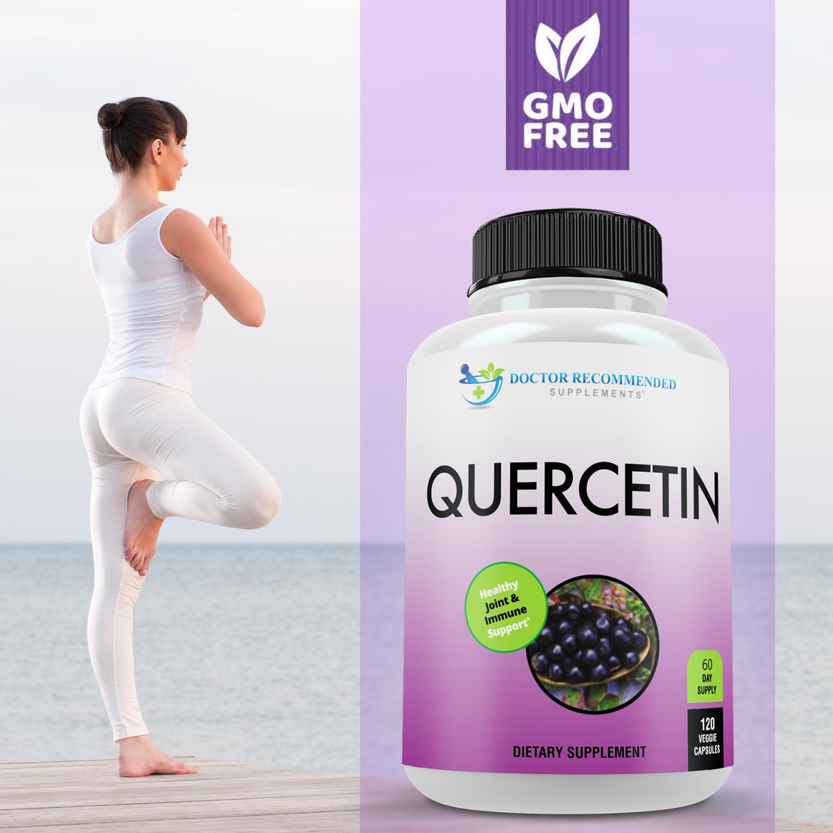 SUPPLEMENTS Quercetin 1000mg with fresh fruits background