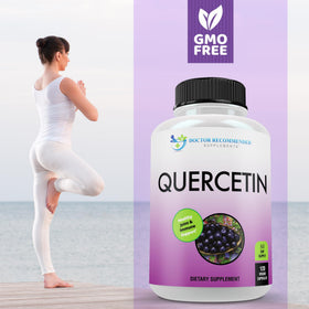 SUPPLEMENTS Quercetin 1000mg with fresh fruits background
