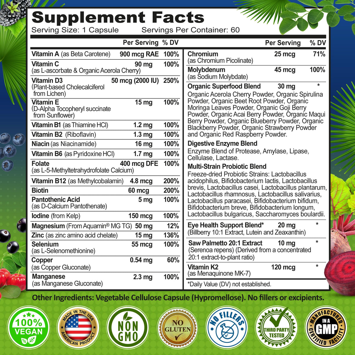 SUPPLEMENTS STUDIO Multivitamine Vegan Methylé 50+ capsules à côté d'un verre d'eau