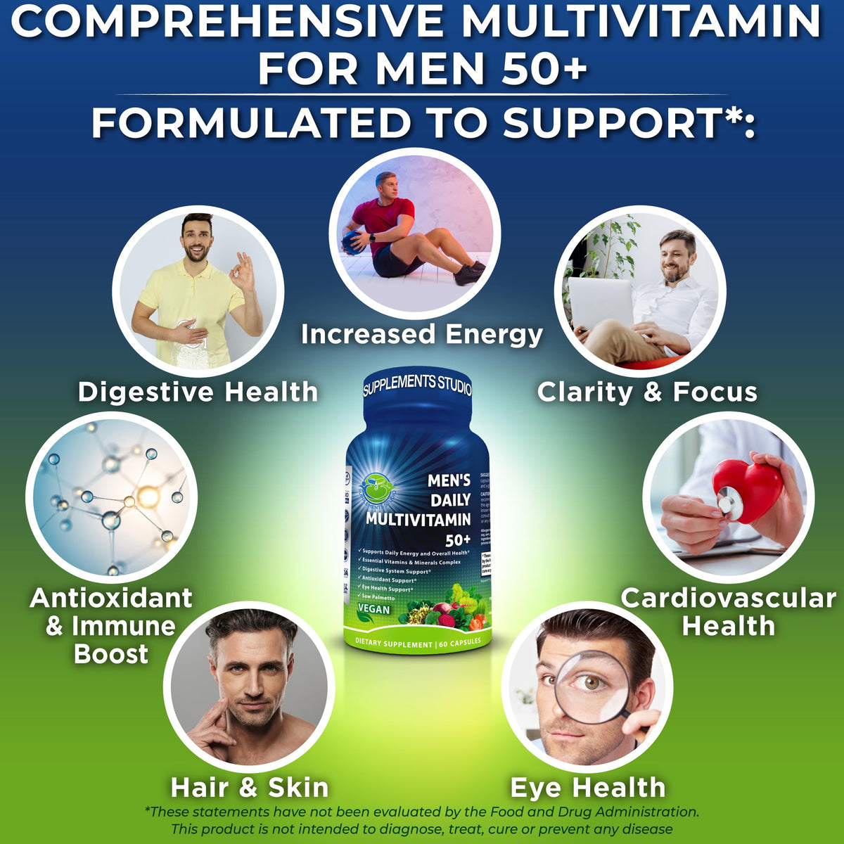 SUPPLEMENTS STUDIO Multivitamine Vegan Methylé 50+ capsules sur une table
