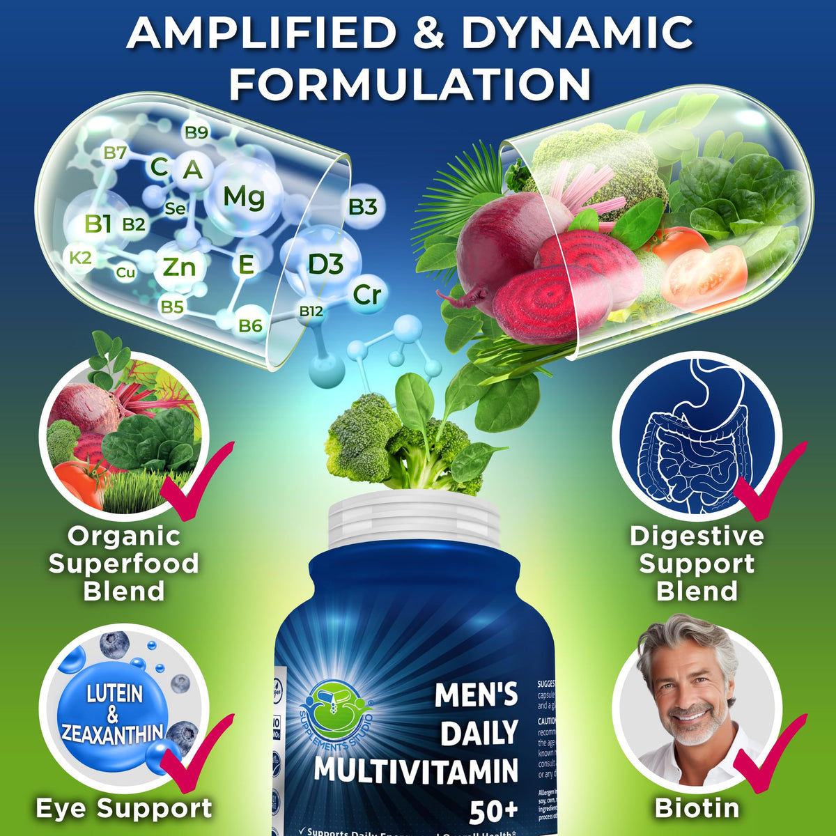 SUPPLEMENTS STUDIO Multivitamine Vegan Methylé 50+ étiquette des ingrédients