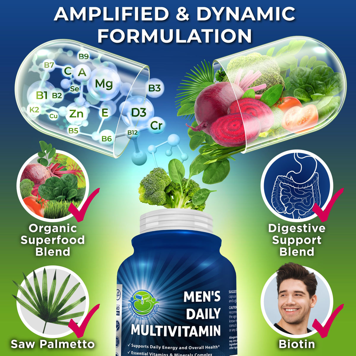 SUPPLEMENTS STUDIO Multivitamines Végétaliennes Methylées 60 capsules avec étiquette
