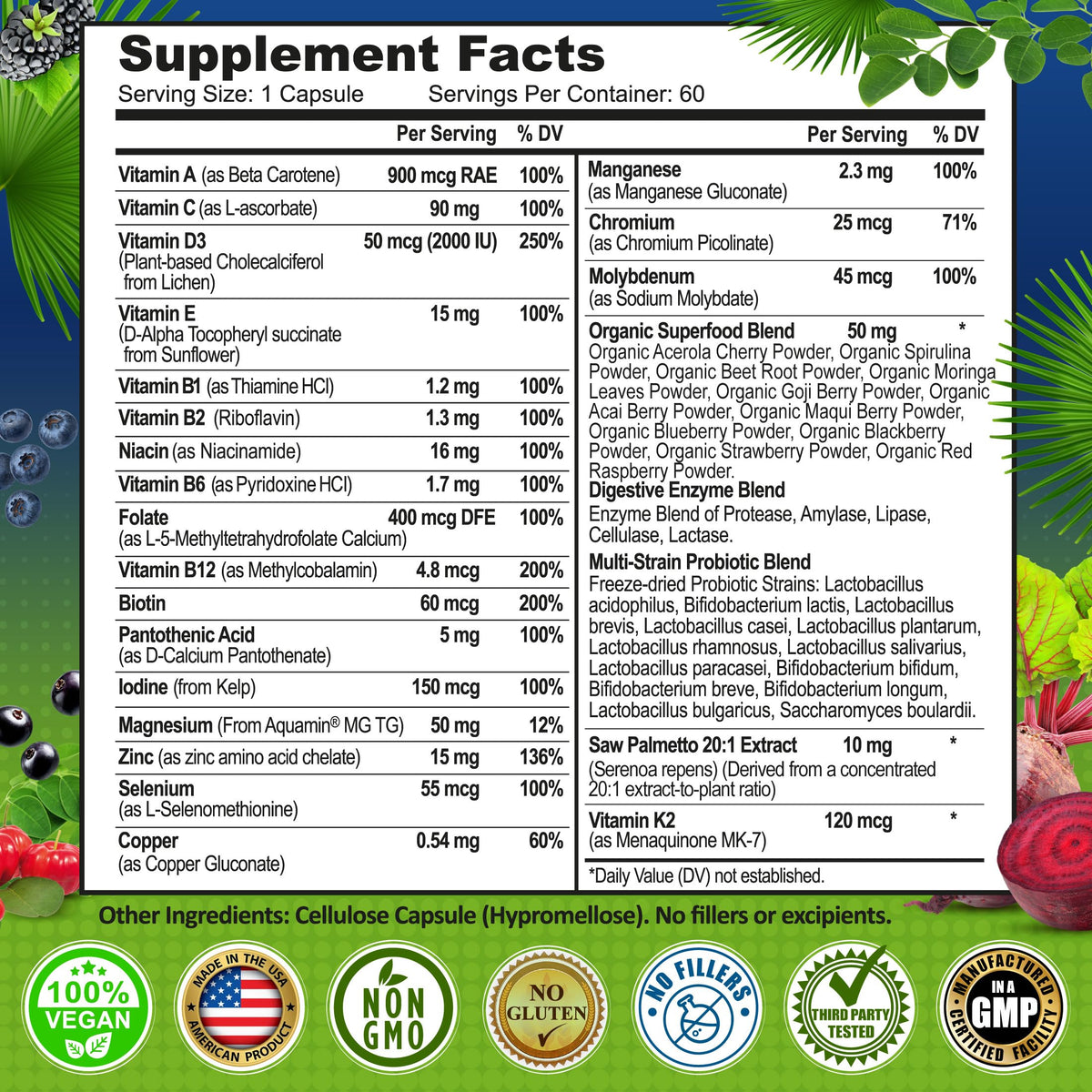 SUPPLEMENTS STUDIO Multivitamines Végétaliennes Methylées 60 capsules avec super-aliments