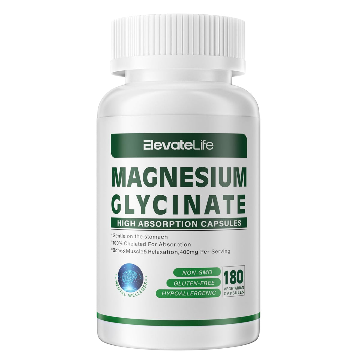 support Magnésium Glycinate 400 MG 180 capsules végétariennes, vue de face