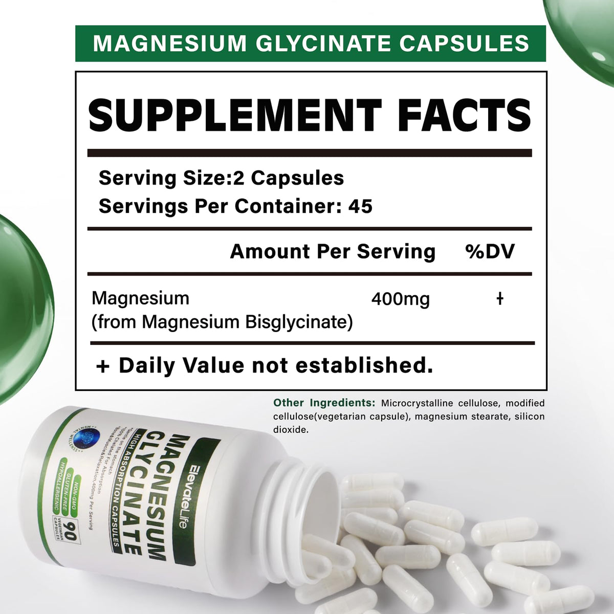 support Magnésium Glycinate 400 MG par portion sur fond blanc