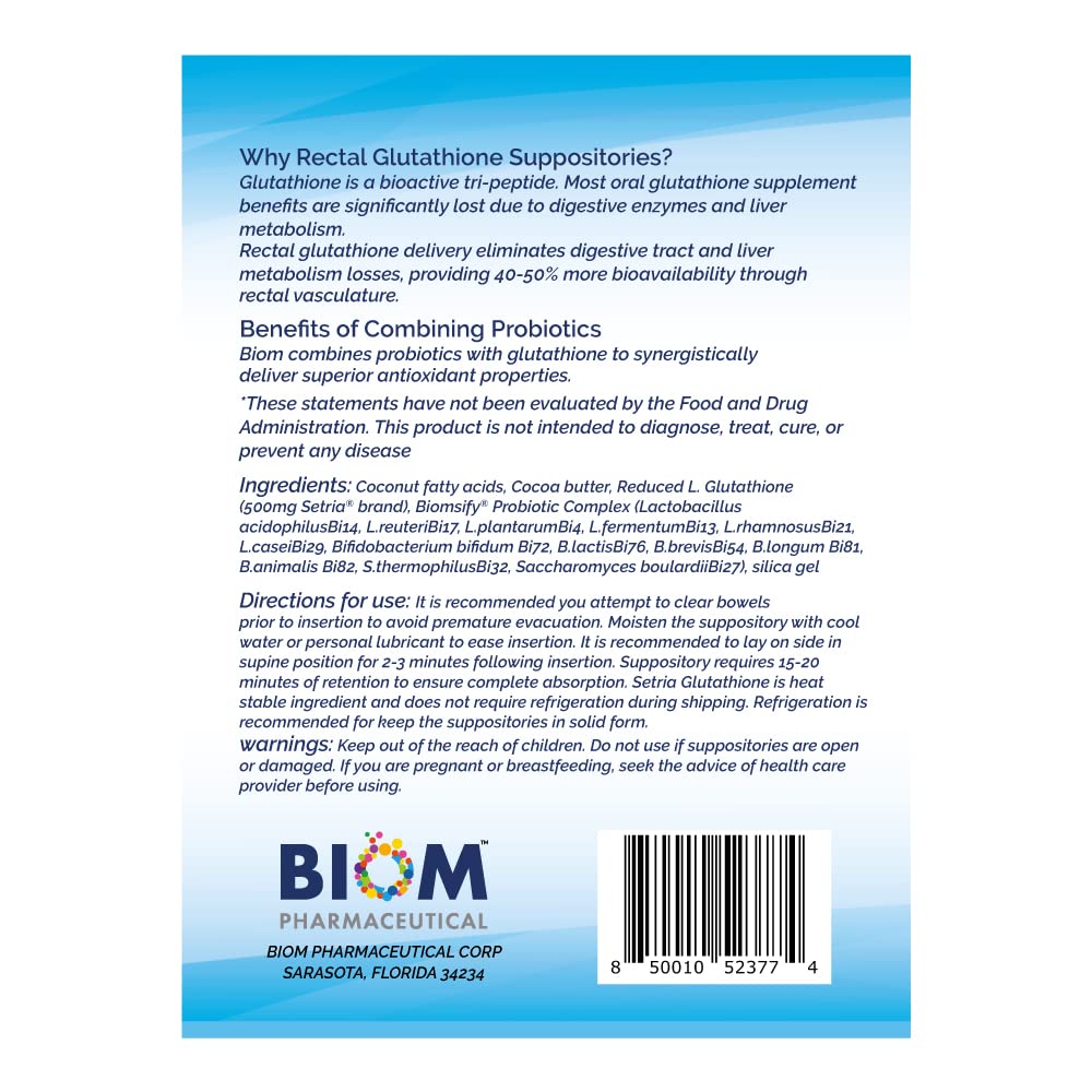 Suppositoires L-Glutathione 500mg de Biom Probiotics dans leur emballage