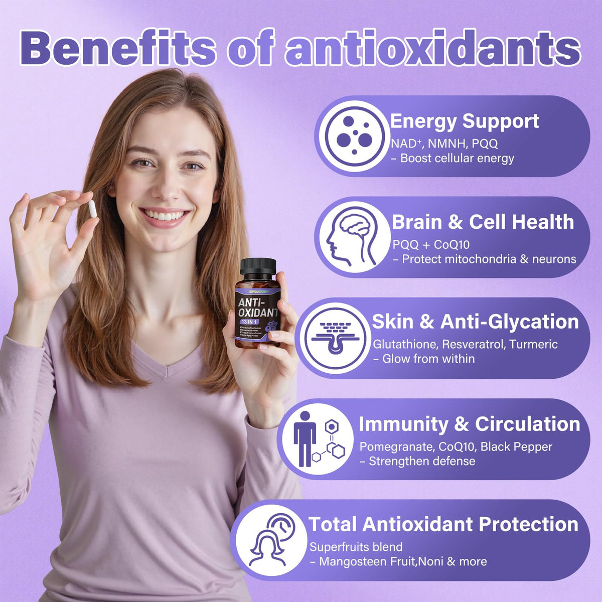 SUPRANOURISH Complément Antioxydant 13-en-1 vue de côté avec capsules