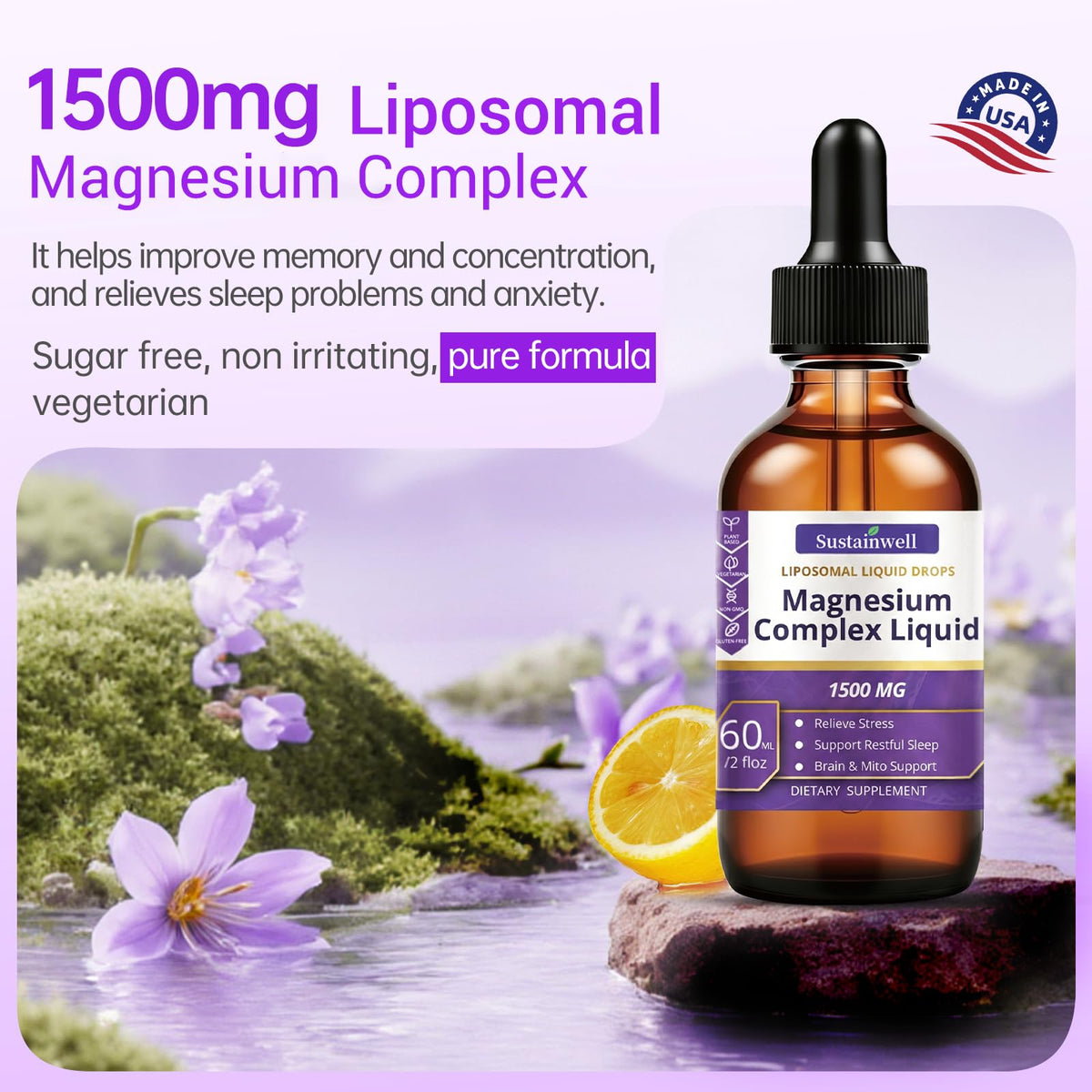 SustainWell Magnésium L-Thréonate liquide 1500mg flacon arrière