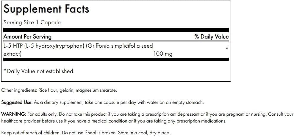 Swanson 5-HTP Extra Fort 100 mg, vue arrière de l'emballage