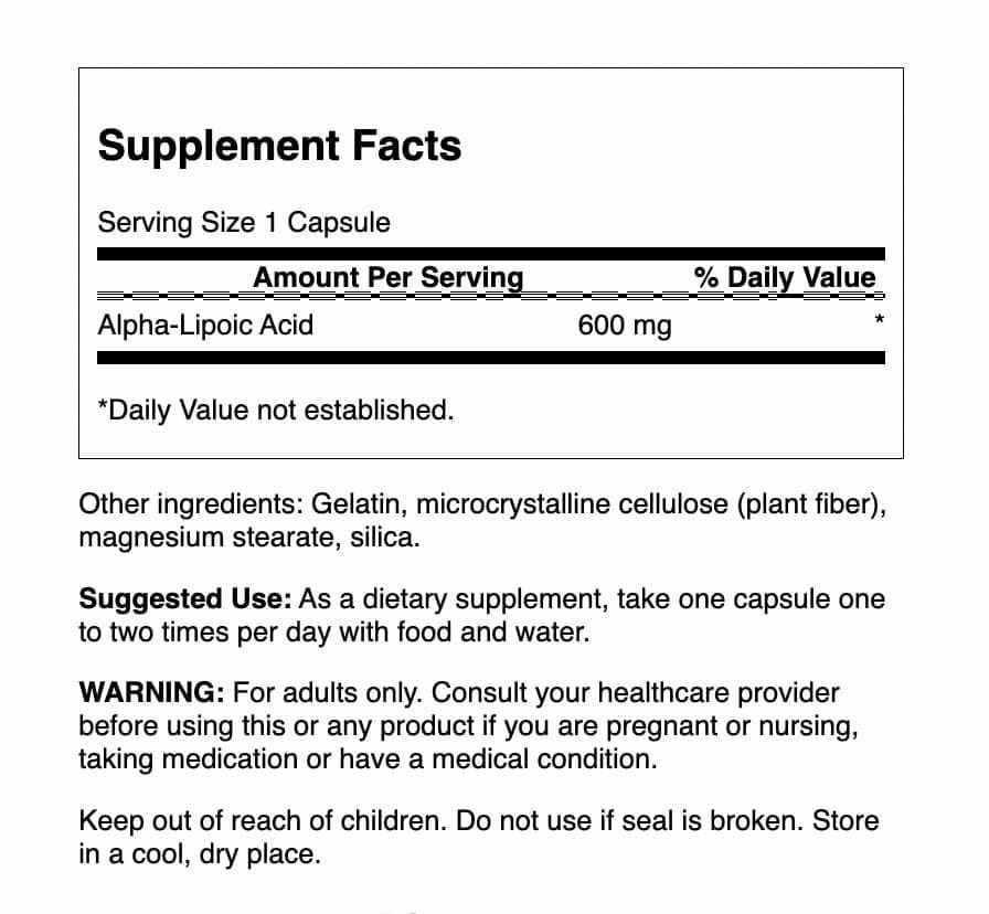 Swanson Acide Alpha Lipoïque 600 mg 60 Caps côté droit