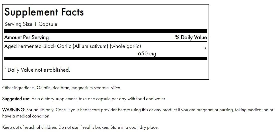 Swanson Ail Noir Vieilli 650 mg contenant et étiquette